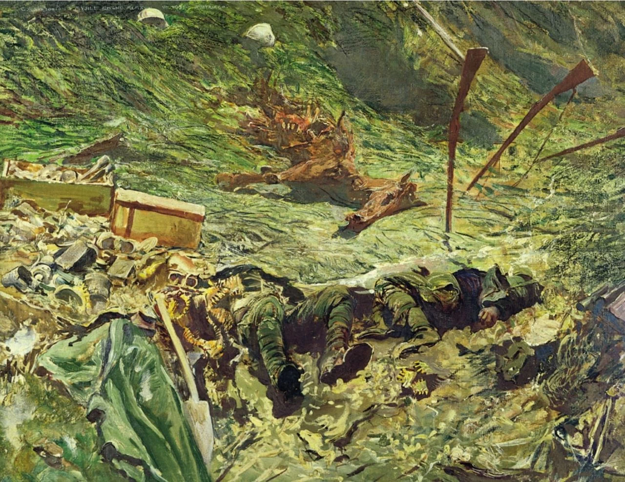 Musile. trincea con soldati morti e una carcassa di cavallo - Fondo G.A. Sartorio. Palazzo della Farnesina, Roma